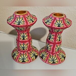 Boho Candlestick Holders - Rare Granny Square Like Pattern